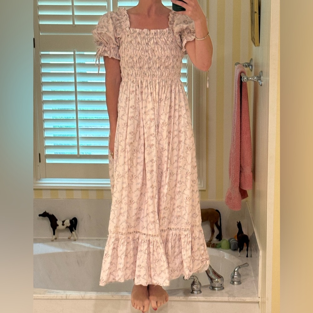 Floral Smocked puff sleeve dress with lace trim at bottom